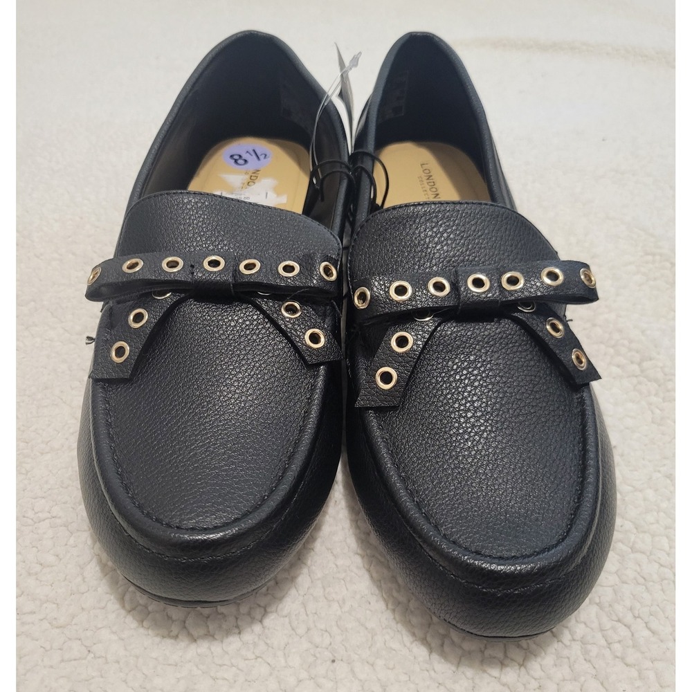 London Fog Women Classic Driving Loafers Black Faux Leather Gold Accents Sz 8.5